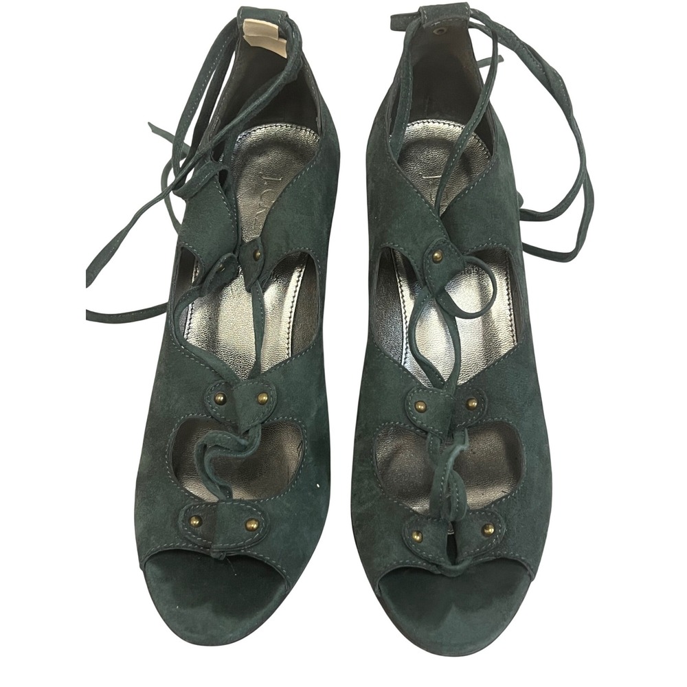 J.Crew Wedge Sandals Womens Sz 8 Dark Green Suede Lace Up Peep Toe Boho Chic